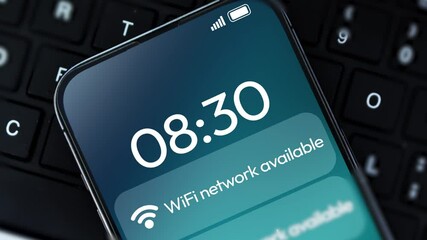 Poster - WiFi Network Available Notification on the mobile screen with a keyboard in the backdrop, 4k footage. Internet connection concept