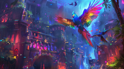 Wall Mural - Neon-lit fantasy city: People ride giant, colorful birds instead of cars. Dreamlike, vibrant, and fantastical.