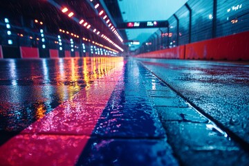 Poster - digital sports illustration showing a racetrack's finish line with spotlights in motion blur