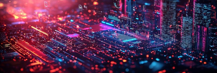 Poster - Vibrant video streaming content shown on a close-up abstract digital screen, with glowing lines and digital interfaces in the background creating a futuristic vibe