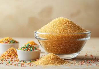 Wall Mural - Colorful Sugar Sprinkles and Granulated Sugar in Glass Bowl with Wooden Background, Creating a Sweet and Vibrant Culinary Atmosphere for Food Photography