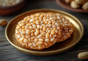 Canvas Print - Crunchy golden rice cakes with puffed rice on a rustic wooden table, accompanied by peanuts in a cozy kitchen setting