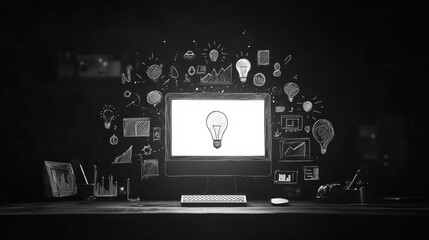 Poster - online business ideas, inspiration and research flat concept with computer surrounded by icons depic