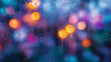 Canvas Print - colorful bokeh background with raindrops on window, creating dreamy atmosphere. vibrant lights blur into soft circles, evoking sense of calm and reflection