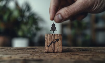 Poster - A hand placing a virtual quality assurance symbol and an arrow pointing to a print screen icon on a wooden cube, representing the enhancement of guarantee products and ISO service concepts