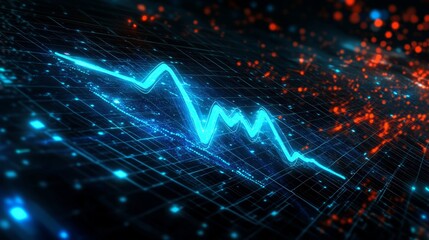 Poster - Glowing Blue EKG Line on Dark Digital Grid Background, Data Visualization, Medical Technology