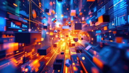 Fototapete - Dynamic digital data flow with vibrant colors and geometric shapes