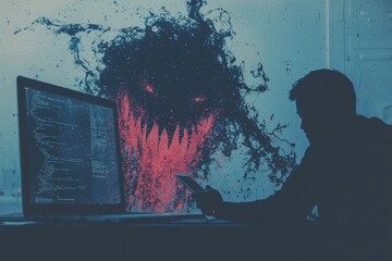 Poster - A businessman collaborating with a laptop on defense system quality assurance, symbols, standards, ISO certification, and technological standards