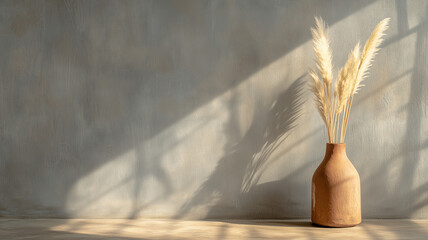 Canvas Print - minimalist vase with dried pampas grass against textured wall, creating soft shadows. warm tones evoke serene atmosphere