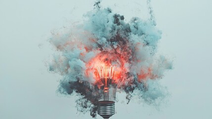 Poster - A light bulb set in a dazzling atmosphere releases a cascade of colorful smoke, presenting a singular visual representation of groundbreaking innovation and artistic vision
