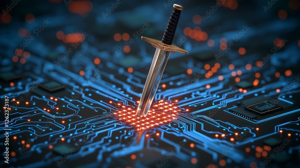 ภาพประกอบ Stock Cyber Security Sword in Circuit Board Digital Heart ...
