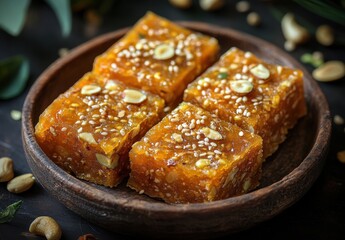 Canvas Print - Deliciously crafted traditional sweet dessert made from jaggery and nuts, beautifully arranged in a wooden bowl, showcasing vibrant colors and textures