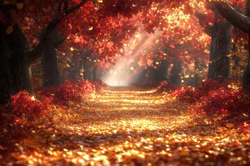Poster - Serene autumn pathway illuminated by sunbeams filtering through vibrant red and golden leaves, creating a peaceful, captivating and inviting nature scene.