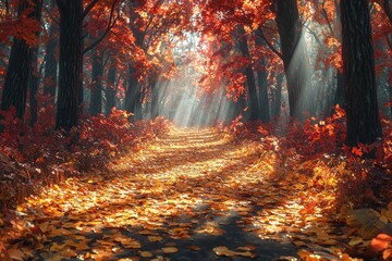 Poster - A magical autumn forest path, bathed in golden sunlight filtering through vibrant foliage, creating an enchanting and serene woodland scene of natural beauty.