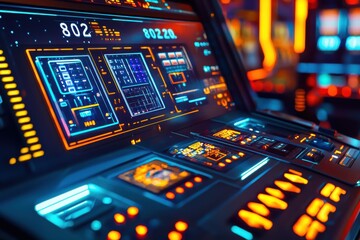 Poster - A futuristic spaceship control panel filled with glowing lights, buttons, and displays, showcasing advanced technology and navigation instruments for space exploration.