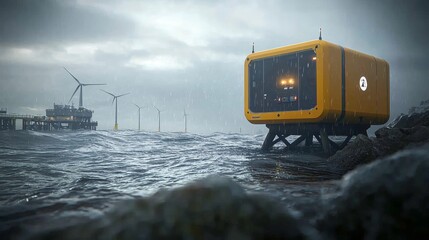 Poster - Large offshore wind farm in the ocean, clean energy technology, sustainability, environmental preservation, stock photo with side copy space.