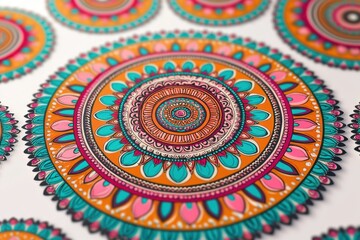 Poster - A collection of vibrant and intricate mandalas on a white background, showcasing symmetry and elaborate designs, radiating peace and colorful decoration.