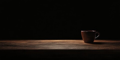 Wall Mural - Dark wood table, coffee cup, black background, product display