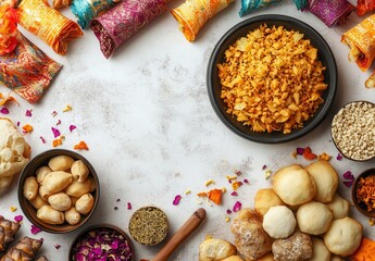 Poster - Traditional Indian Festival Snack Arrangement with Colorful Garnishes and Decorative Elements, Featuring Savory and Sweet Delicacies on a Light Background