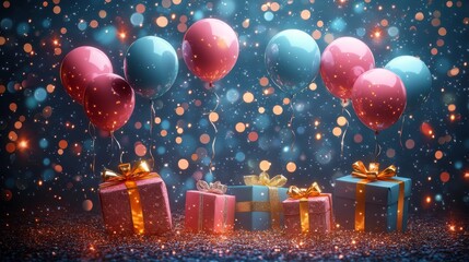 Poster - Colorful party balloons and wrapped gifts amidst falling snowflakes create a festive atmosphere