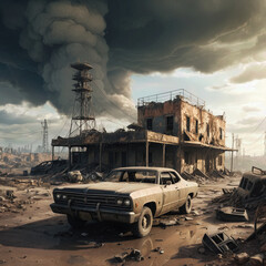 post apocalyptic scene with classic car parked amidst ruins of destroyed town, evoking sense of desp