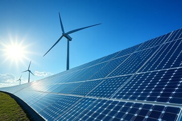 wind farm with three wind turbines and bright sun in the background