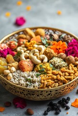 Poster - Vibrant Indian Festive Food Platter with Assorted Snacks, Delicacies, Rice, Nuts, and Colorful Floral Decorations for Celebratory Occasions