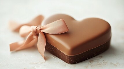 Wall Mural - Heart shaped chocolate box with a pink ribbon displayed on a light surface