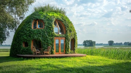 Poster - A school built with recycled materials and green roofs, eco-conscious education center, sustainable learning spaces, stock photo with side copy space.