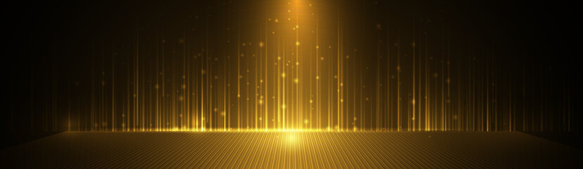 Poster - Vector illustration gold light ray, stage scene for luxury poster, template premium award design. Abstract elegant golden, glow with glitter, lighting effect sparkle on black background.