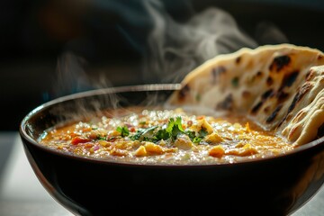 Wall Mural - Steaming bowl of curry with naan bread on table for a tasty meal