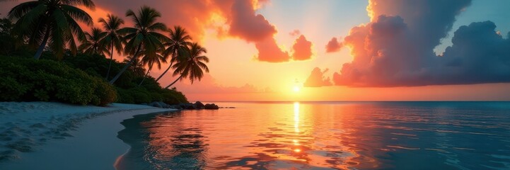 Wall Mural - calm caribbean water, lush coconut grove at sunset , calm, tropical, horizon