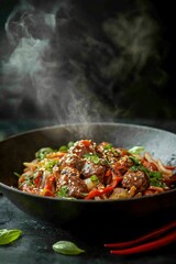 Wall Mural - Steaming meatballs with noodles in a wok. Food preparation for blogs, ads