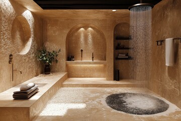 Wall Mural - Luxurious spa bathroom with modern design and natural elements featuring a rainfall shower and soft lighting