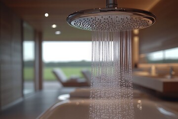 Poster - Modern bathroom featuring a sleek showerhead with cascading water in a spacious, serene environment overlooking nature