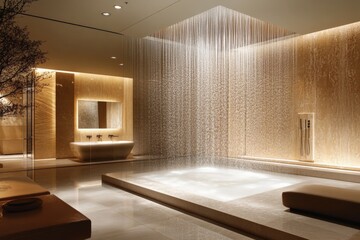 Poster - Luxurious spa interior featuring a waterfall shower and serene ambiance in modern design