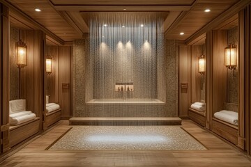 Poster - Elegant spa interior featuring a serene waterfall and wooden decor, perfect for relaxation and rejuvenation