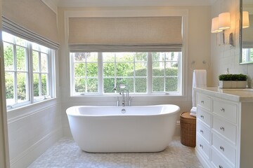 Poster - Elegant bathroom featuring a freestanding tub, abundant natural light, and modern decor for a serene atmosphere
