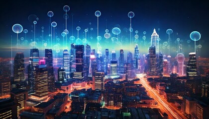 Wall Mural - skyline of a futuristic city- Neon-lit skyscrapers with floating hologram 