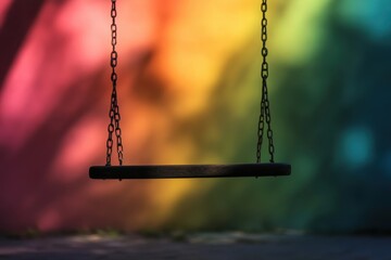 Poster - Empty swing hangs against an abstract rainbow background scene