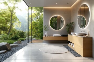 Poster - Modern bathroom design with large windows and nature view in a serene setting