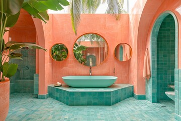 Poster - Luxurious indoor bathroom showcasing a vibrant blend of peach and turquoise decor and lush greenery for a serene retreat atmosphere