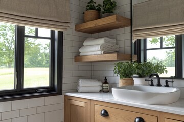 Canvas Print - Modern bathroom design with natural elements and ample storage in a tranquil setting