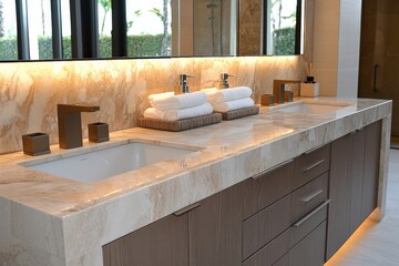 Elegant modern bathroom design with neutral colors and minimalist decor featuring double sinks and stacked towels