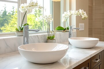 Aufkleber - Elegant bathroom design showcasing two stylish sinks beside fresh orchids in a sunny, modern interior space