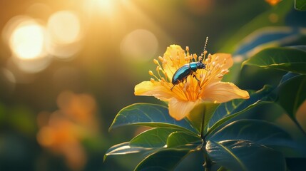 Poster - Beetle resting on yellow flowers at sunrise in a garden