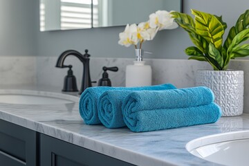 Aufkleber - Freshly folded blue towels on marble countertop in modern bathroom with greenery and elegant decor