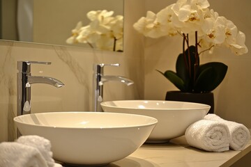 Poster - Elegant bathroom design featuring modern sinks and fresh orchids in a serene setting