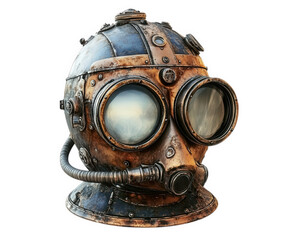 vintage deep sea diving helmet with large glass window, showcasing intricate details and weathered finish, evokes sense of adventure and exploration