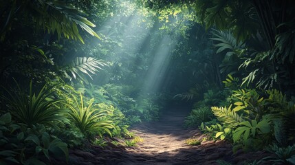 Wall Mural - Lush forest path illuminated by sunlight filtering through dense foliage in a tranquil, green environment